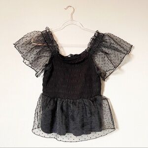 Marc New York Women's Smocked Blouse Top Swiss Dot Sheer Sleeves Black XS